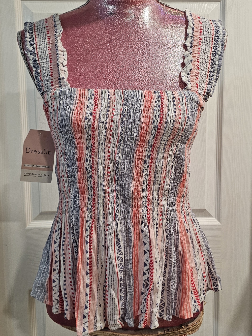 DressUp Pink & Blue Striped Smocked Tank Top